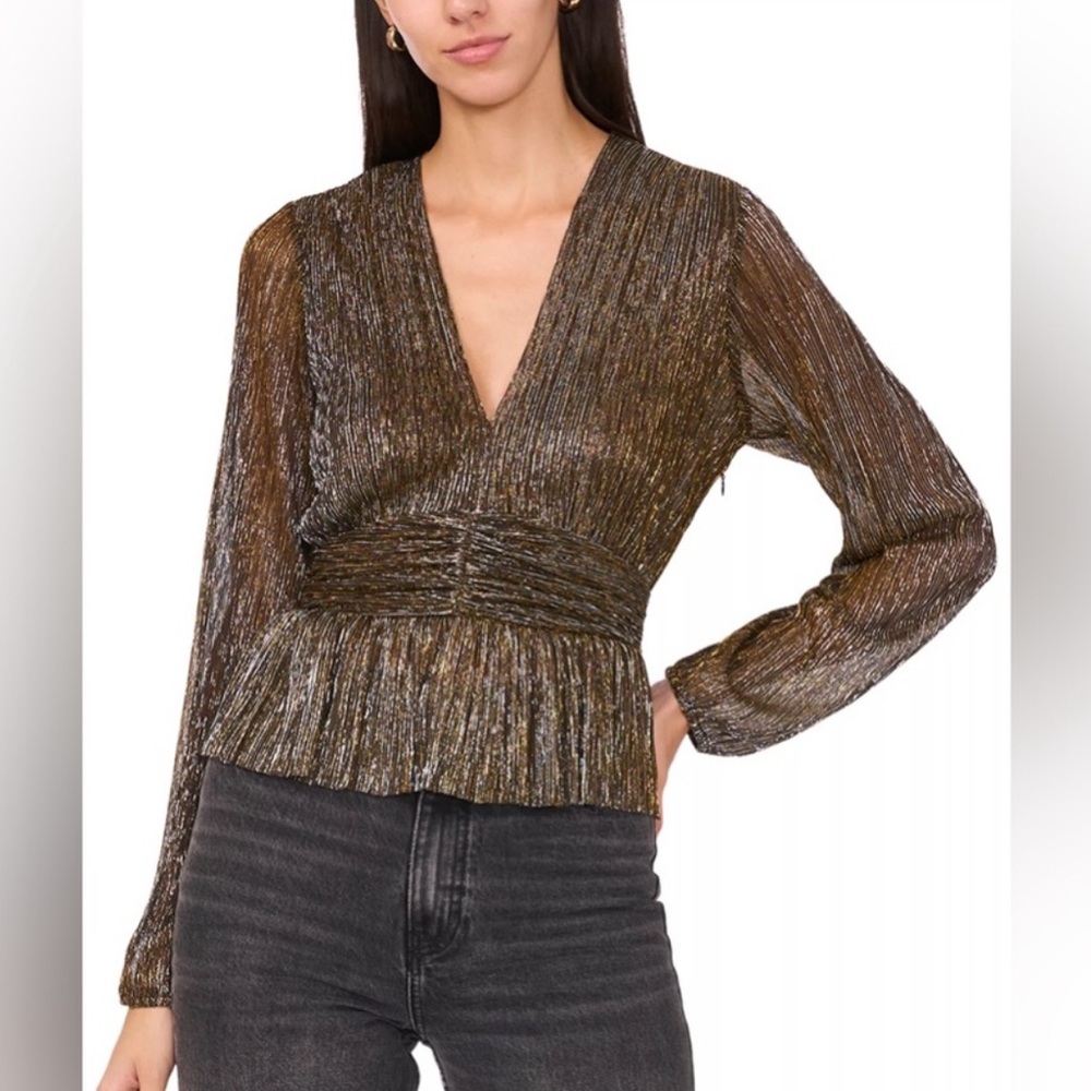 Parker Women's Olivia Lurex Metallic-Stripe‎ V-Neck Peplum Top Size XXS